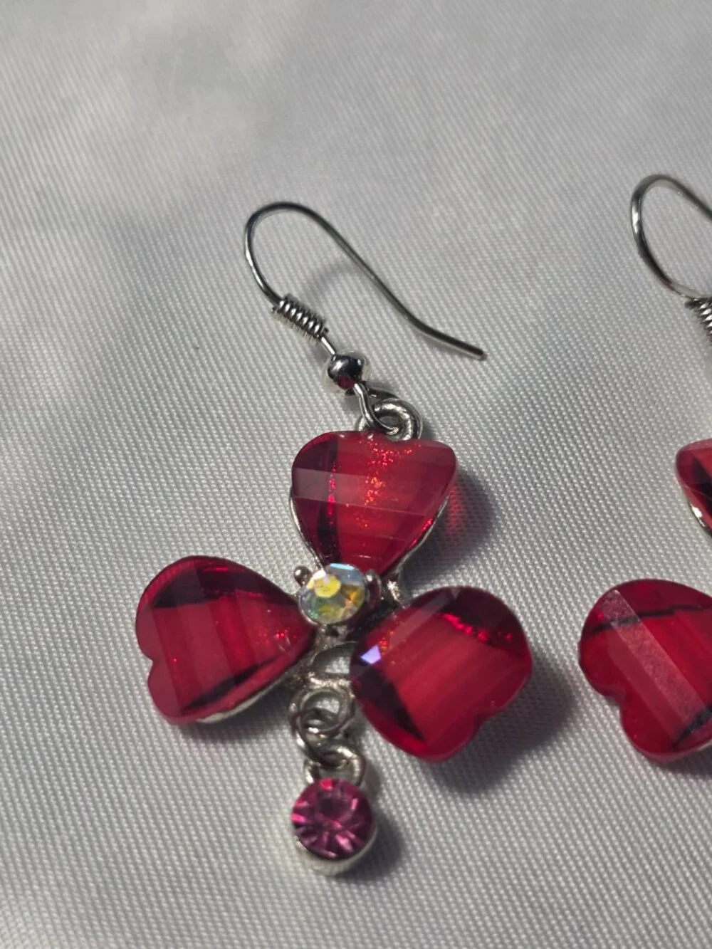 Red Floral Silver Tone Dangle Earrings with a Pink Dangle Charm French Wire